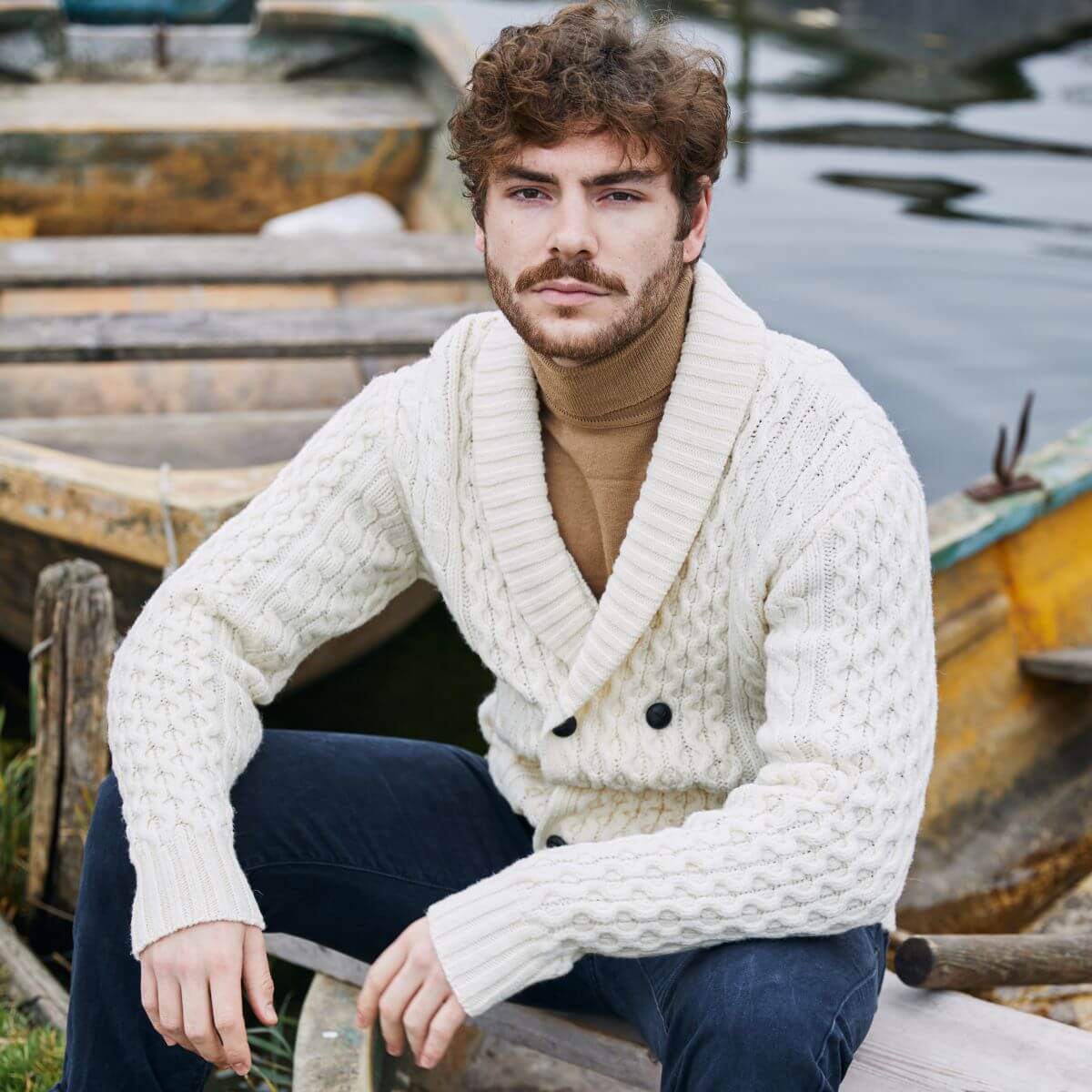 Men's Irish button shawl collar cardigan natural