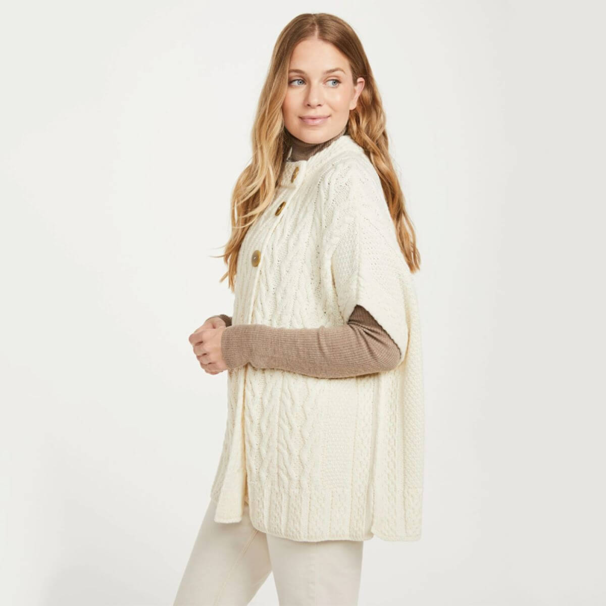 Ladies-Aran-Poncho-with-Buttons