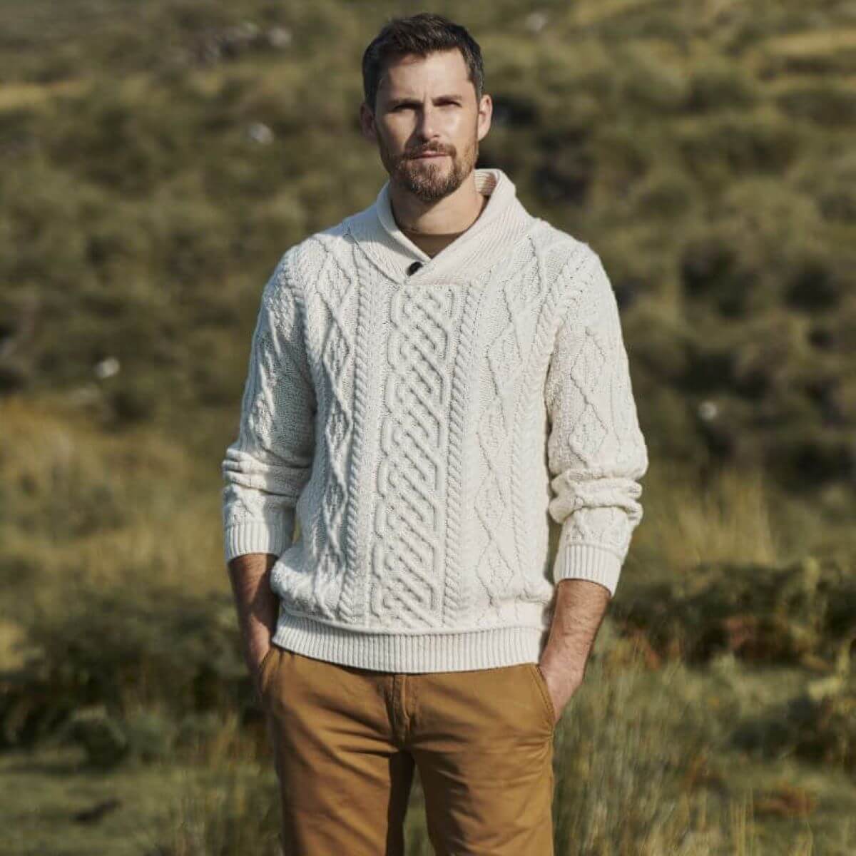 men's shawl collar Aran sweater