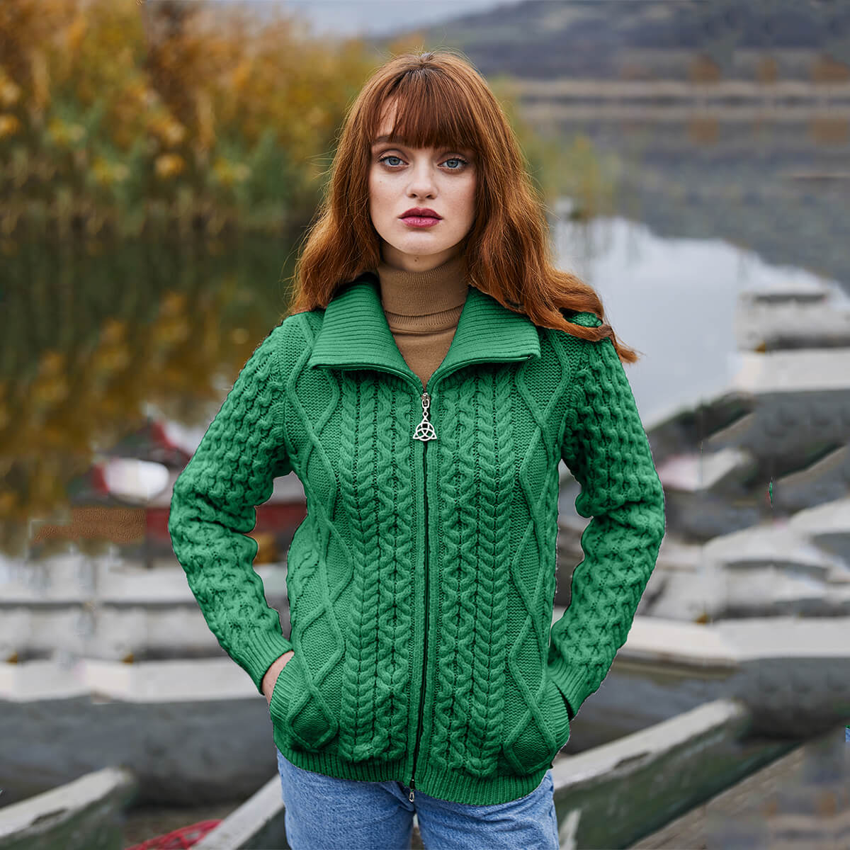 diamond knit women's irish jacket in green